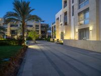 an empty courtyard with steps leading to apartments and palm trees, at dusk, in the city of doha