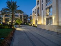 an empty courtyard with steps leading to apartments and palm trees, at dusk, in the city of doha