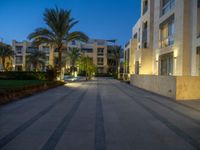 an empty courtyard with steps leading to apartments and palm trees, at dusk, in the city of doha