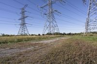 three electric towers in grassy area next to a dirt road and woodside road, with two people standing on one