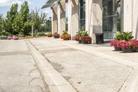 several flower pots sit in front of this very elegant building on the sidewalk outside the window