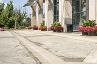 several flower pots sit in front of this very elegant building on the sidewalk outside the window