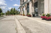 several flower pots sit in front of this very elegant building on the sidewalk outside the window