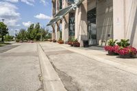 several flower pots sit in front of this very elegant building on the sidewalk outside the window