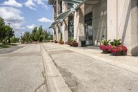 several flower pots sit in front of this very elegant building on the sidewalk outside the window