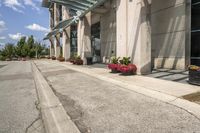 several flower pots sit in front of this very elegant building on the sidewalk outside the window