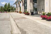 several flower pots sit in front of this very elegant building on the sidewalk outside the window