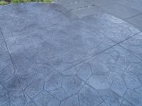 a concrete patio with black and white patterned patterning and trees on either side of it