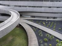 a concrete building with a palm tree and other plants next to it and a walkway