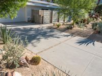 the driveway is paved with stones and cacti in the desert outside the home