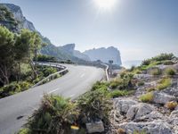 a mountain road near the sea and trees on the side of a hill side with tall rock formations