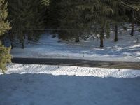 a person walking up a snow covered road next to a forest in the mountains while a man is snowboarding