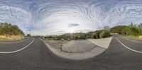 the road in front of the trees is made from two shots of a skateboarder