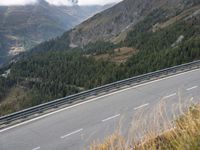 motorcycle rider with luggage on the road going through mountains and pine trees in the background