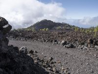 a rocky area that looks like lava in a mountain in the distance is a forested forest