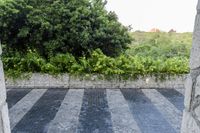 a black and white striped floor near a stone wall and plants with trees in the background