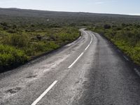 an empty, asphalt road runs through an arid landscape on a sunny day in iceland