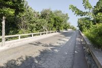 an empty, asphalt street with a bridge and green trees to the side of each road