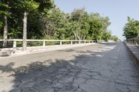 an empty, asphalt street with a bridge and green trees to the side of each road