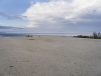 a lone skateboard parked at the edge of an empty beach during the day in cloudy conditions