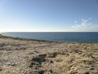 a beach is empty with rocks and some water and birds flying above it on a clear, sunny day