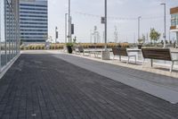 the empty brick path has several plants and two benches near by it with the building behind them