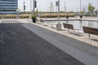 the empty brick path has several plants and two benches near by it with the building behind them