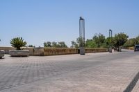 empty bricked sidewalk with palm trees and benches in it under a blue sky at an outdoor park