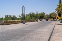 empty bricked sidewalk with palm trees and benches in it under a blue sky at an outdoor park