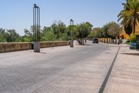 empty bricked sidewalk with palm trees and benches in it under a blue sky at an outdoor park