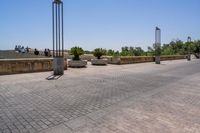 empty bricked sidewalk with palm trees and benches in it under a blue sky at an outdoor park