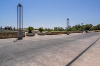 empty bricked sidewalk with palm trees and benches in it under a blue sky at an outdoor park