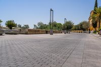 empty bricked sidewalk with palm trees and benches in it under a blue sky at an outdoor park