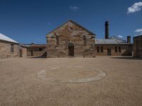 a building sits empty of people but it's surrounded by an empty courtyard area