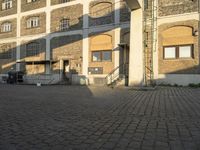 the empty city block of an old industrial area with a bench, trashcan and dog looking out