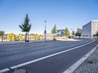 the empty city road is empty except for signs to tell you where to go and not to