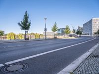 the empty city road is empty except for signs to tell you where to go and not to