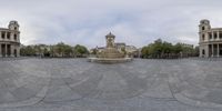 three circular panoramas of an empty city square with many buildings and trees on both sides