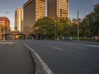 a view of an empty city street in a big city with skyscrapers and trees