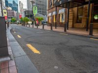 an empty city street lined with tall buildings and sidewalk lights on a sunny day a traffic light near a black paved street