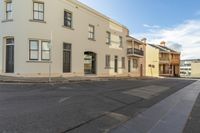 the sidewalk next to the buildings near a city street that looks empty and empty during the day