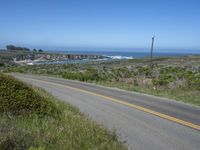 there is an empty paved road by the ocean with grass and bushes in the foreground