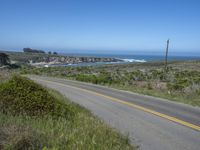 there is an empty paved road by the ocean with grass and bushes in the foreground