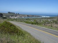 there is an empty paved road by the ocean with grass and bushes in the foreground