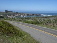 there is an empty paved road by the ocean with grass and bushes in the foreground