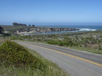 there is an empty paved road by the ocean with grass and bushes in the foreground