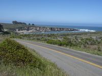 there is an empty paved road by the ocean with grass and bushes in the foreground