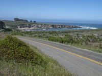 there is an empty paved road by the ocean with grass and bushes in the foreground