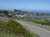 there is an empty paved road by the ocean with grass and bushes in the foreground