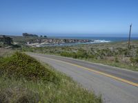 there is an empty paved road by the ocean with grass and bushes in the foreground